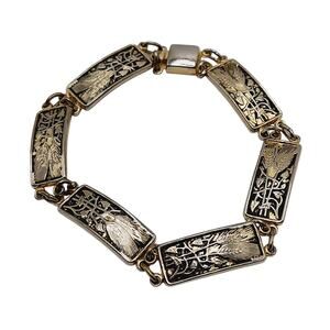 Vintage Wheat Themed Damascene Gold Tone Black Enamel Links Bracelet - 7 Inches